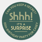 サプライズ誕生日パーティーShhh!グリーンスタイリッシュと金ゴールド ラウンドシール (正面)