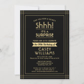 サプライズ誕生日パーティーShhh!黒エレガント色と金ゴールド 招待状 (正面)