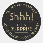 サプライズ誕生日パーティーShhh!黒スタイリッシュ色と金ゴールド ラウンドシール (正面)