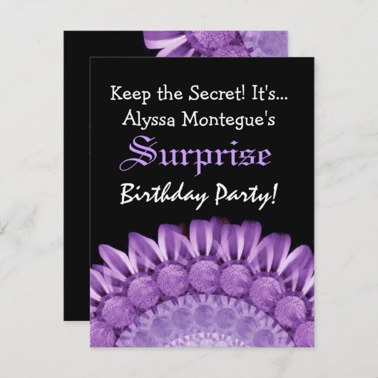 サプライズ誕生日パープルフラワーズ名前をカスタムするS303 招待状 (正面/裏面)