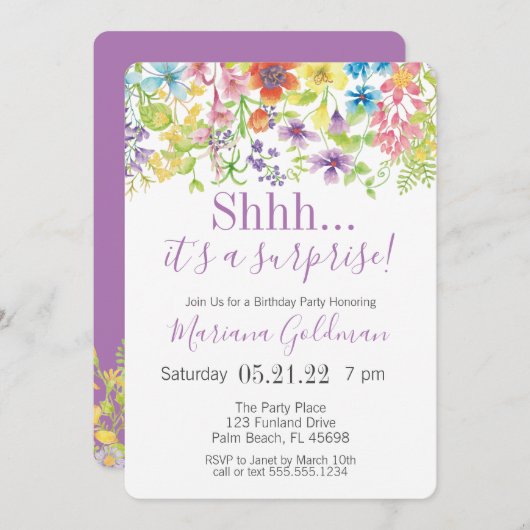 サプライズ誕生日パープルワイルドフラワーズパーティー 招待状 (正面/裏面)