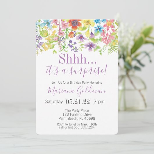 サプライズ誕生日パープルワイルドフラワーズパーティー 招待状 (スタンド正面)