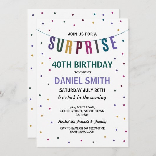 サプライズ誕生日メンズ水玉模様パーティの招待状 招待状 (正面/裏面)