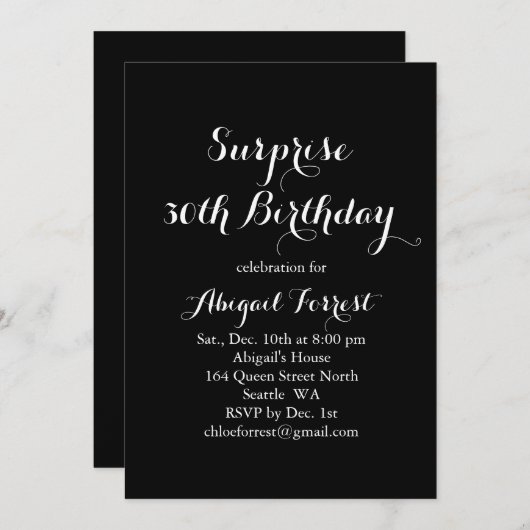 サプライズ誕生日招待状-黒 招待状 (正面/裏面)