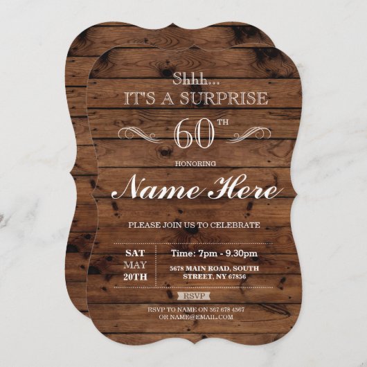 サプライズ誕生日素朴パーティーウッド任意の年齢 招待状 (正面/裏面)