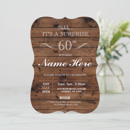 サプライズ誕生日素朴パーティーウッド任意の年齢 招待状 (スタンド正面)