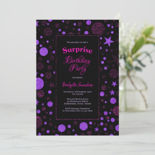 サプライズ誕生日紫と黒のパーティー 招待状 (スタンド正面)