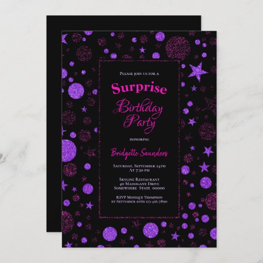 サプライズ誕生日紫と黒のパーティー 招待状 (正面/裏面)