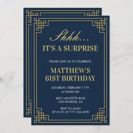 サプライズ誕生日 ネイビーブルー ゴールド メンズ 61歳の誕生日 招待状 (正面/裏面)