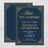 サプライズ誕生日 ネイビーブルー ゴールド メンズ 71歳の誕生日 招待状 (正面/裏面)