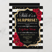サプライズ誕生日-白黒ストライプズレッドローズ 招待状 (正面/裏面)