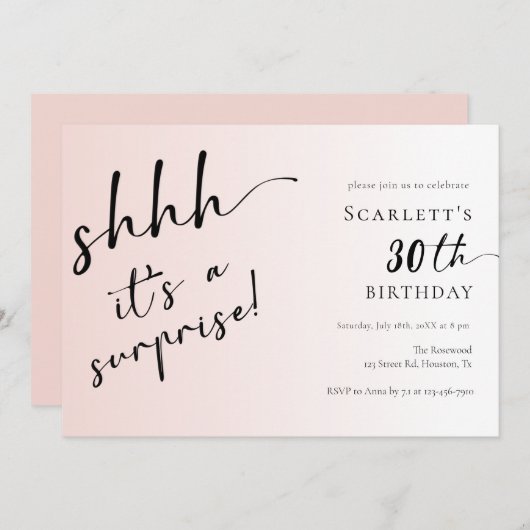 サプライズ赤面ピンクフォト30th 40th誕生日パーティー 招待状 (正面/裏面)
