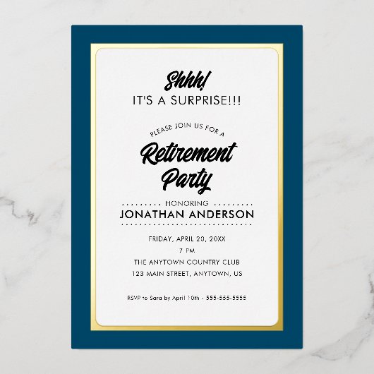 サプライズ退職パーティーシンプル金ゴールド 箔招待状 (正面)