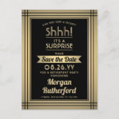 サプライズ退職パーティーブラック金ゴールド保存日 案内ポストカード (正面)
