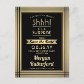 サプライズ退職パーティーブラック金ゴールド保存日 案内ポストカード (正面)