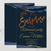サプライズ退職パーティー、金とネイビー 招待状 (正面/裏面)
