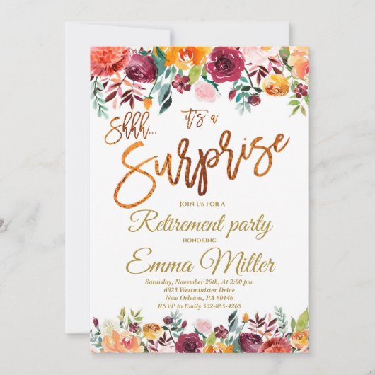 サプライズ退職パーティー、金ゴールド退職 招待状 (正面)