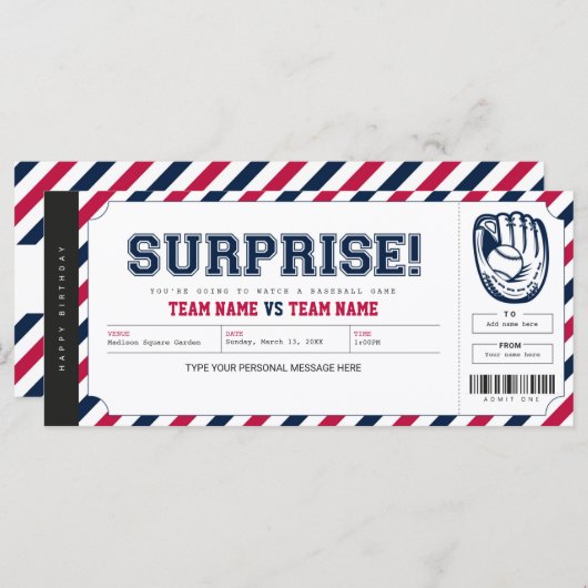 サプライズ野球ゲーパーソナライズされたムギフトチケット (正面/裏面)