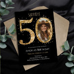 サプライズ金ゴールドグリッター50th誕生日写真 招待状<br><div class="desc">50誕生日金ゴールドグリッター写真パーティーテンプレート。デジタルダウンロード印刷可能。カスタム、編パーソナライズされた集ダウンロード</div>