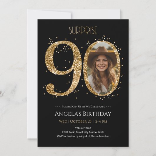 サプライズ金ゴールドグリッター90th誕生日写真 招待状 (正面)