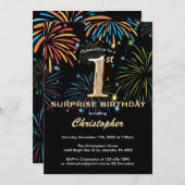 サプライズ1歳の誕生日ブラック金ゴールドレインボー花火 招待状 (正面/裏面)