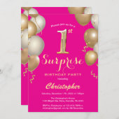 サプライズ1歳の誕生日ホットピンクと金ゴールドバルーン 招待状 (正面/裏面)