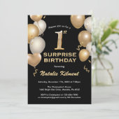 サプライズ1歳誕生日 黒と金の風船 招待状 (スタンド正面)