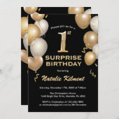 サプライズ1歳誕生日 黒と金の風船 招待状 (正面/裏面)