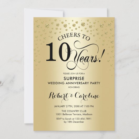 サプライズ10周年記念祝賀 - ゴールド ブラック 招待状 (正面)