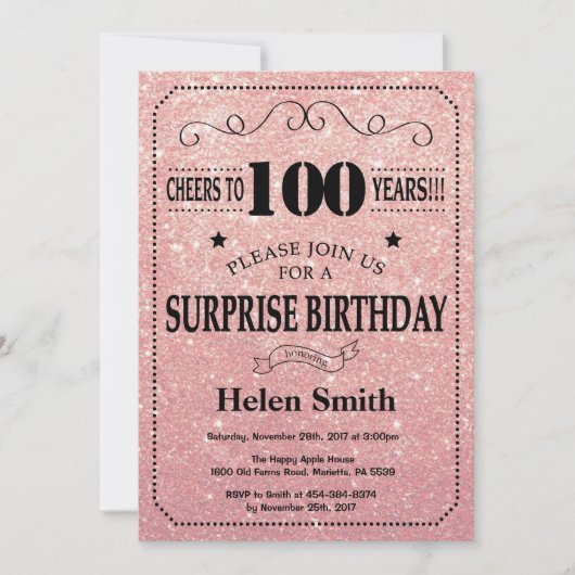 サプライズ100歳の誕生日ピンクのバラ ゴールドグリッター 招待状 (正面)