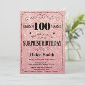 サプライズ100歳の誕生日ピンクのバラ ゴールドグリッター 招待状 (スタンド正面)