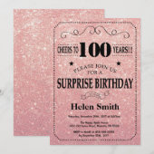 サプライズ100歳の誕生日ピンクのバラ ゴールドグリッター 招待状 (正面/裏面)