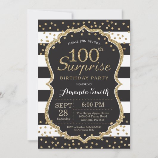 サプライズ100歳の誕生日招待状。 ゴールドグリッター 招待状 (正面)
