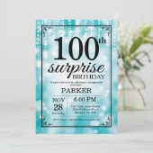 サプライズ100歳の誕生日招待状 ティールグリッター 招待状 (スタンド正面)
