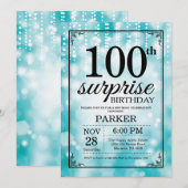 サプライズ100歳の誕生日招待状 ティールグリッター 招待状 (正面/裏面)