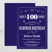 サプライズ100歳の誕生日 ネイビーブルーとホワイト 招待状 (正面/裏面)