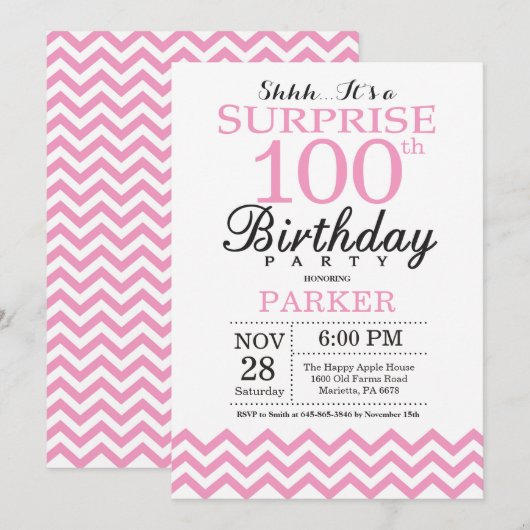 サプライズ100歳の誕生日 ピンクのシェブロン 招待状 (正面/裏面)