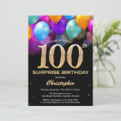 サプライズ100歳の誕生日 ブラックとゴールドの風船 招待状 (スタンド正面)