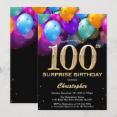 サプライズ100歳の誕生日 ブラックとゴールドの風船 招待状 (正面/裏面)