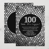 サプライズ100歳の誕生日 ブラックとシルバーのグリッター 招待状 (正面/裏面)