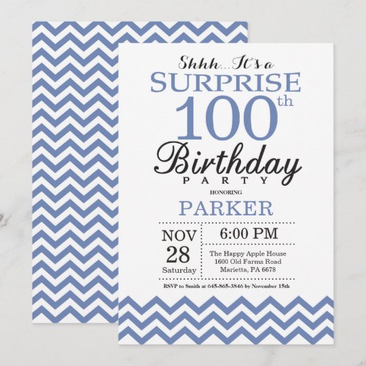 サプライズ100歳の誕生日 ブルーチェブロン 招待状 (正面/裏面)