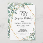 サプライズ100歳の誕生日　ユーカリグリーンとゴールド 招待状 (正面/裏面)