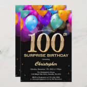 サプライズ100歳の誕生日 黒と金の風船 招待状 (正面/裏面)