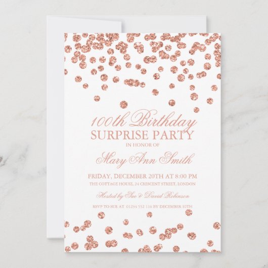 サプライズ100番目の誕生日バラ金ゴールドグリッター紙吹雪 招待状 (正面)