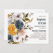 サプライズ100誕生日イエローネイビーブルーフローラ ポストカード (正面/裏面)