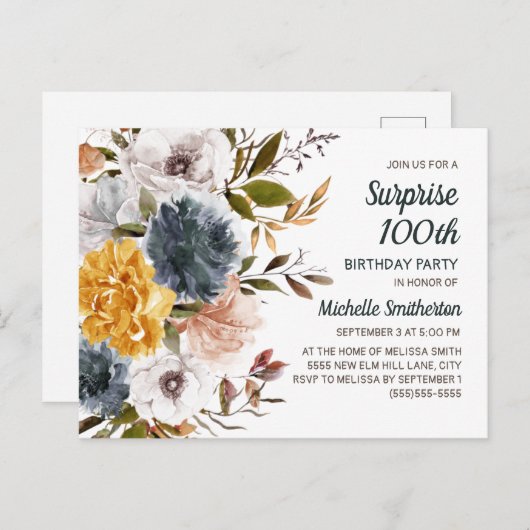 サプライズ100誕生日イエローネイビーブルーフローラ ポストカード