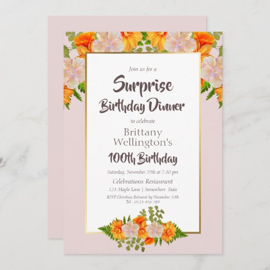 サプライズ100誕生日オレンジ色のフローラ縁ど金ゴールド 招待状 (正面/裏面)