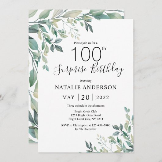 サプライズ100誕生日グリーンユーカリ緑 招待状 (正面/裏面)