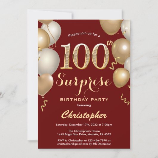 サプライズ100誕生日ダークレッドと金ゴールドバルーン 招待状 (正面)