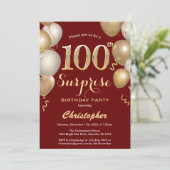 サプライズ100誕生日ダークレッドと金ゴールドバルーン 招待状 (スタンド正面)